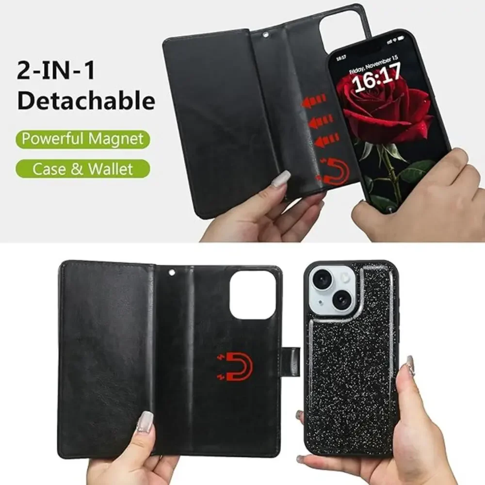 Phone Case for iPhone 16 Pro Black Glitter W Detachable Wallet with Card Holder